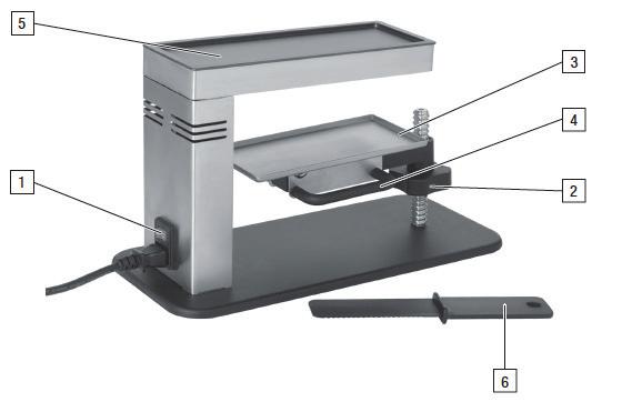 Overzicht van de apparaten en bedieningsonderdelen 1. Aan/Uit-schakelaar 2. Schroef voor hoogteomzetting van de raclettehouder (verlagen of verhogen afhankelijk van de grootte van het blok kaas) 3.