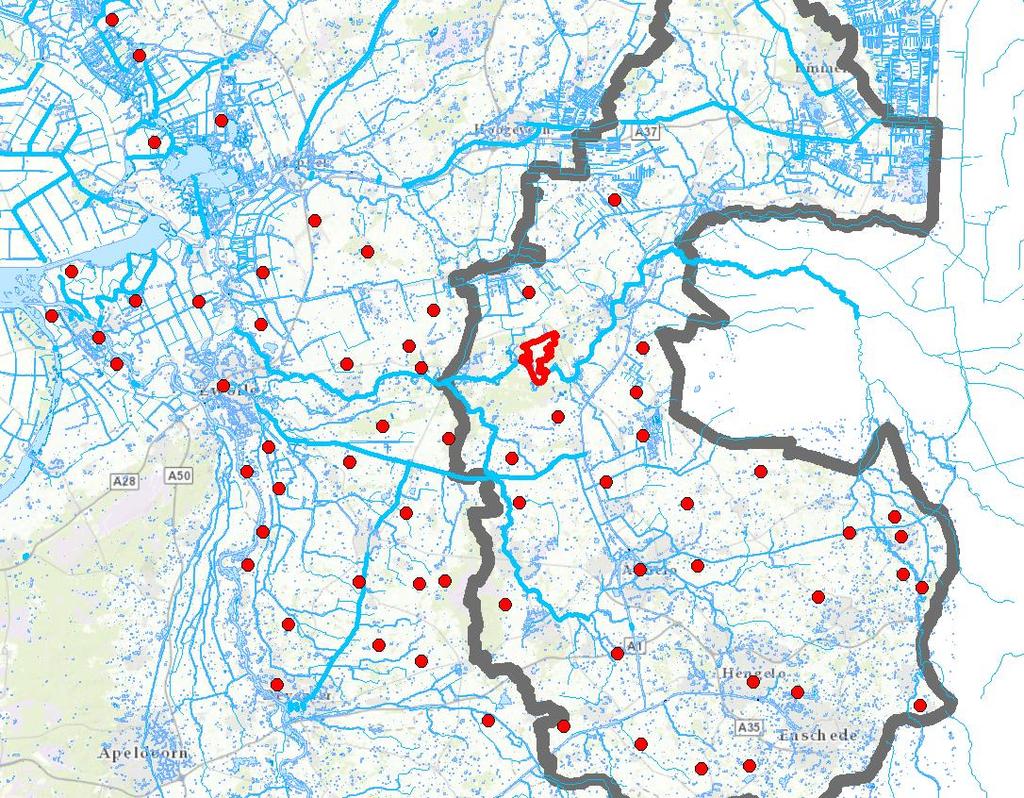Figuur 4.1 Grondwaterkwaliteitsmeetpunten Provincie Overijssel (PMG en LMG). Er liggen weinig meetpunten in en om het Vechtdal.