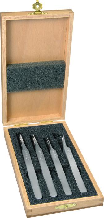 381 1-3 - 5-7 Stainless steel 90 x 165 x 27 0.148 12.382 1-3 - 5-7 100% antimagnetic 90 x 165 x 27 0.148 Assortment of tweezers. Delivered in a wooden box.