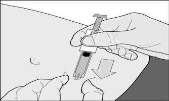 6. Houd de spuit stevig rechtop bij de vingergrip. Breng de naald in zijn geheel loodrecht (rechtstandig, onder een hoek van 90 graden) in de huidplooi (zie figuur D). Niet opzuigen.