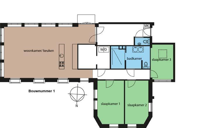 BOUWNUMMER 1 Dit is de grootste woning in het gebouw. Via een royale hal, met tweede toilet komt u in de ruime woonkamer van 63 m2. Eenmaal binnen ervaart u een zee van rust en ruimte.