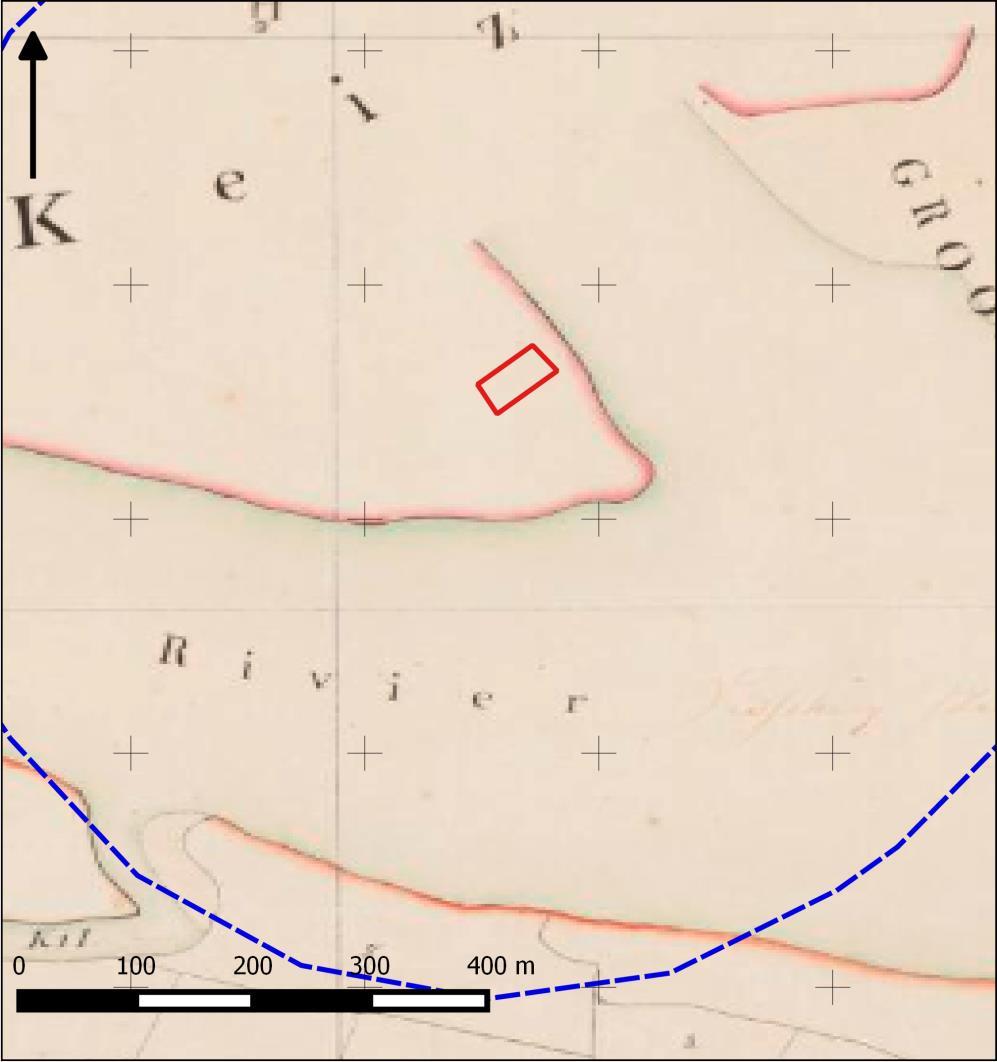 Afbeelding 4. Uitsnede uit de eerste kadastrale kaart Werkendam, sectie B en C, blad01 uit circa 1832. Het betreffende terrein is aangeduid als De Kop van den Ouden Wiel en in gebruik als hooiland.
