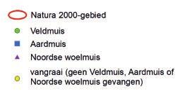 Figuur 3.12: De aanwezigheid van de noordse woelmuis, aardmuis en veldmuis per vangraai in het Natura 2000-gebied Alde Feanen in 2004-2008.