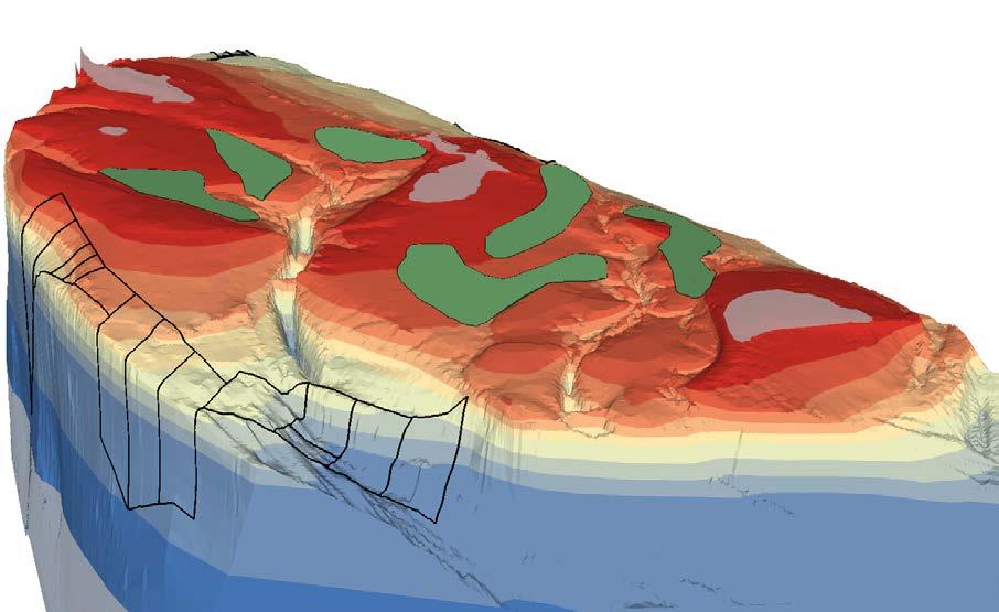 Figuur 8: 3D overzicht van de Roggenplaat gezien vanuit het noordwesten. Te zien zijn de monding van het Middengeultje en het Westgeultje. De suppleties zijn ingetekend in het groen.