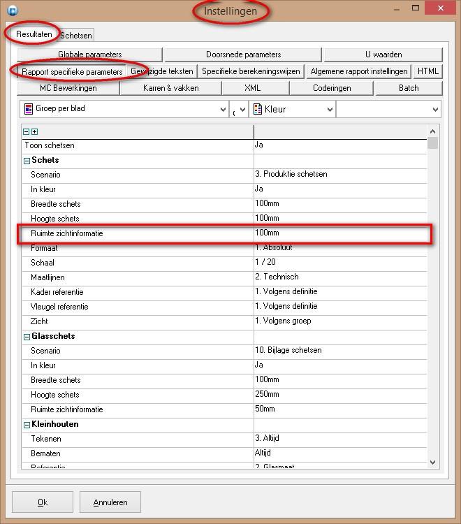 Indien er bijkomende zichtinformatie dient te verschijnen rond de schets is er in Bewerken Instellingen Resultaten Rapport specifieke parameters een extra instelling Ruimte zichtinformatie welke
