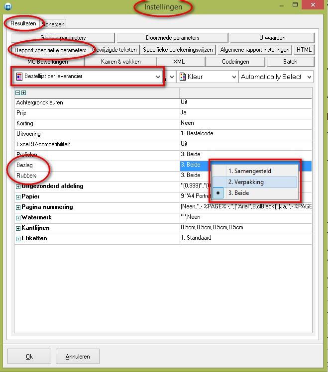 Extra instelling Beslag en Rubbers bij bestel rapporten zodat kan gekozen worden welke beslag artikelen te tonen in de bestellijsten: Noteer: om