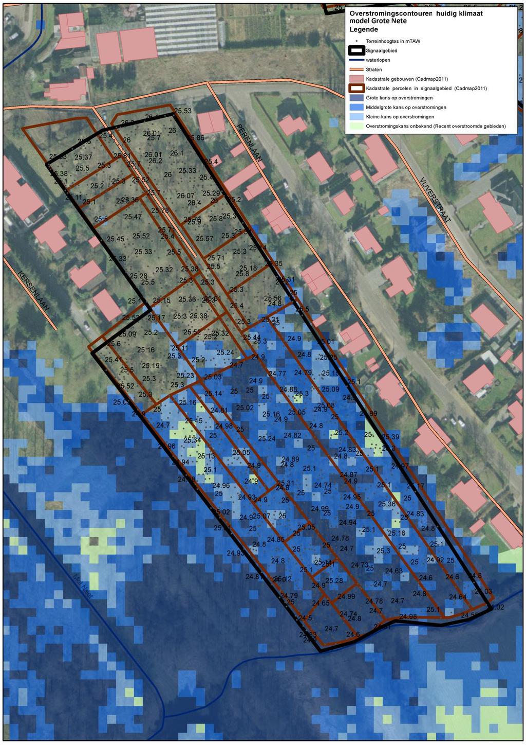 Handleiding kaart: De weergave van de kadastrale gebouwen (Cadmap 2011), kadastrale percelen (Cadmap 2011), straten en waterlopen geven een situering van het signaalgebied.