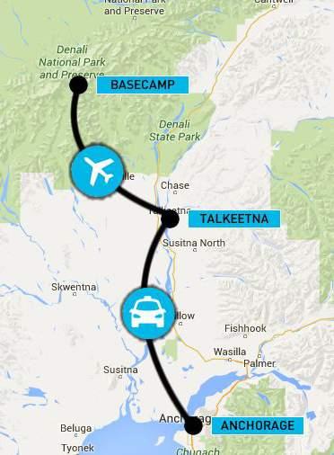 5 uur) naar Talkeetna, waar het op de airstrip een komen en gaan is van vliegtuigjes. Na de nodige voorbereidingen en lunch, vertrek je vervolgens per vliegtuig naar Basecamp (2194m).