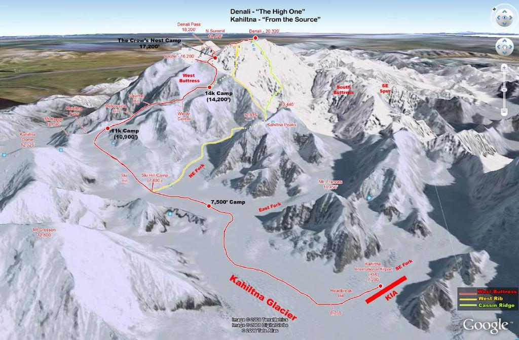 Dag Programma (m) (m) km 1 Aankomst Anchorage 2 Briefing en kennismaking, laatste spullen kopen 3 Taxi naar Talkeetna, vlucht naar Basecamp (2194m) 4 Cachen op Basecamp en Single Carry naar Kamp 1