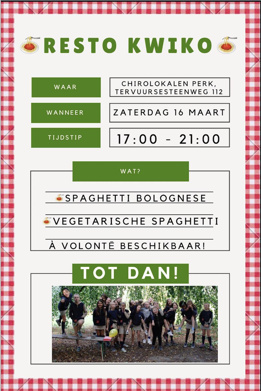 Zaterdag 16/03 : 12u-22u > RESTO KWIKO Zoals jullie wel al weten is het vandaag onze grote inzamelactie! We verwachten jullie allemaal vanaf 12u om onze geweldige spaghettislag voor te bereiden.