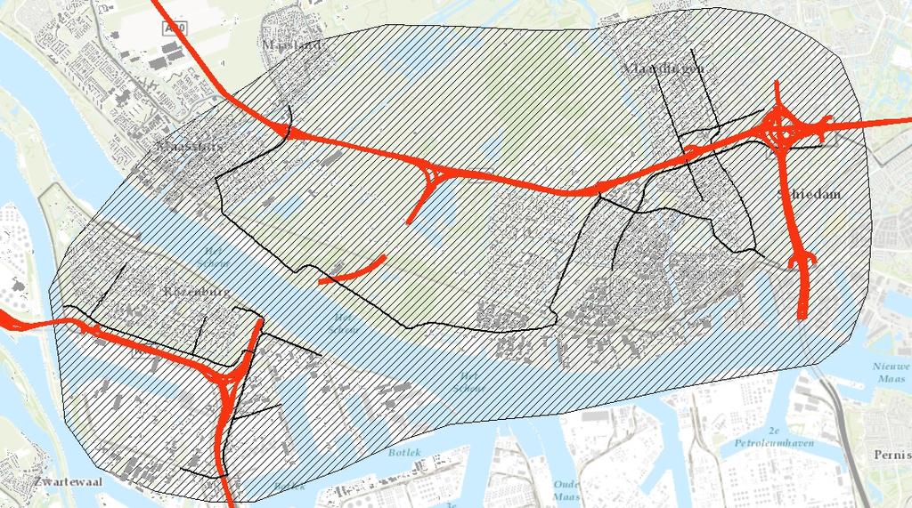 Afbeelding 6.1. Studiegebied ProjectMER Blankenburgverbinding Project- MER Binnen het gearceerde gebied zijn de woonbestemmingen meegenomen bij de berekening en analyse.