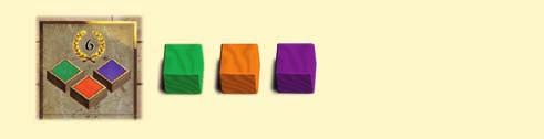 2 basispunten (rood/geel/blauw) + 3 bonuspunten (oranje/oranje/groen i.p.v. rood/ geel/blauw). Voorbeeld: de speler legt 1 groen, 1 oranje en 1 paars blokje terug in de voorraad.