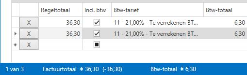 is nu gehalveerd naar 36,30: Als u in de regel met de * klikt, dan wordt er een nieuwe regel aangemaakt voor het resterende totaalbedrag.