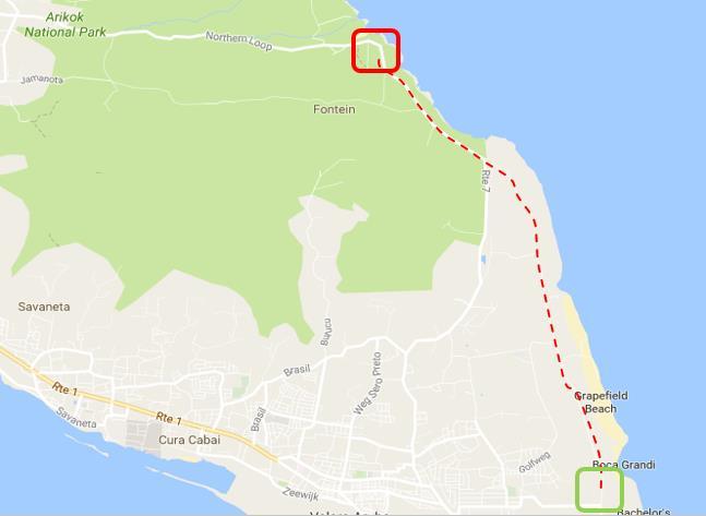 Route 2 Van wisselpunt 1 (Boca Grandi) naar wisselpunt 2 (Boca Prins) Loper 2 estafette en loper 1 duo De afstand bedraagt 8,1 km Vervolg de, afwisselend verharde/ onverharde weg, richting het