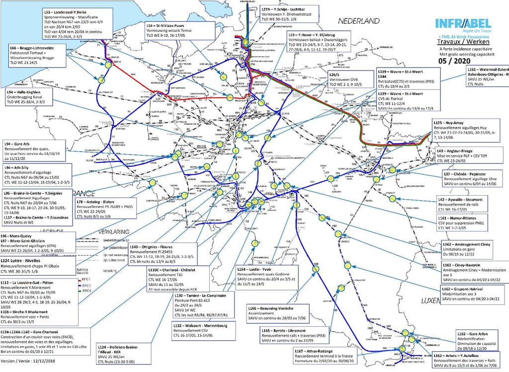 Infrabel-netwerk onder druk (werken) Voorbeeld van geplande werken in mei 2020 Veel infrastructuurwerken worden