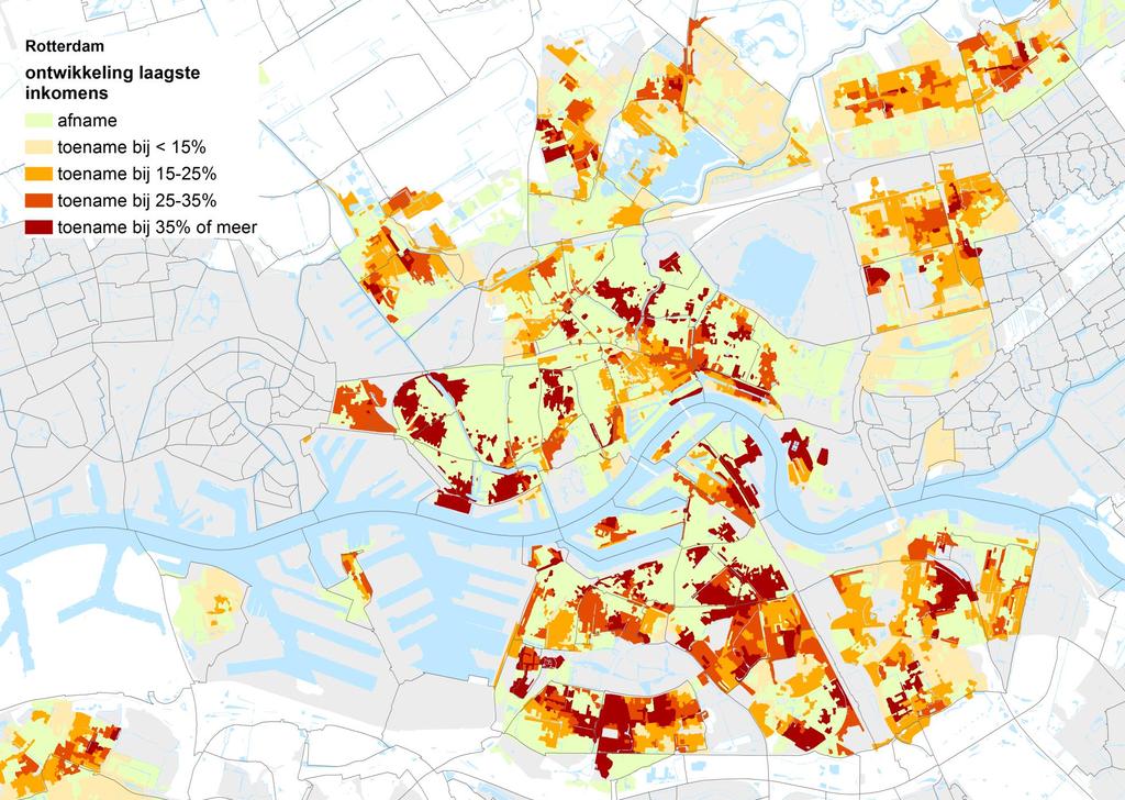 Rotterdam In veel buurten een afname van het aandeel laagste inkomens Relatief weinig in de corporatiebuurten