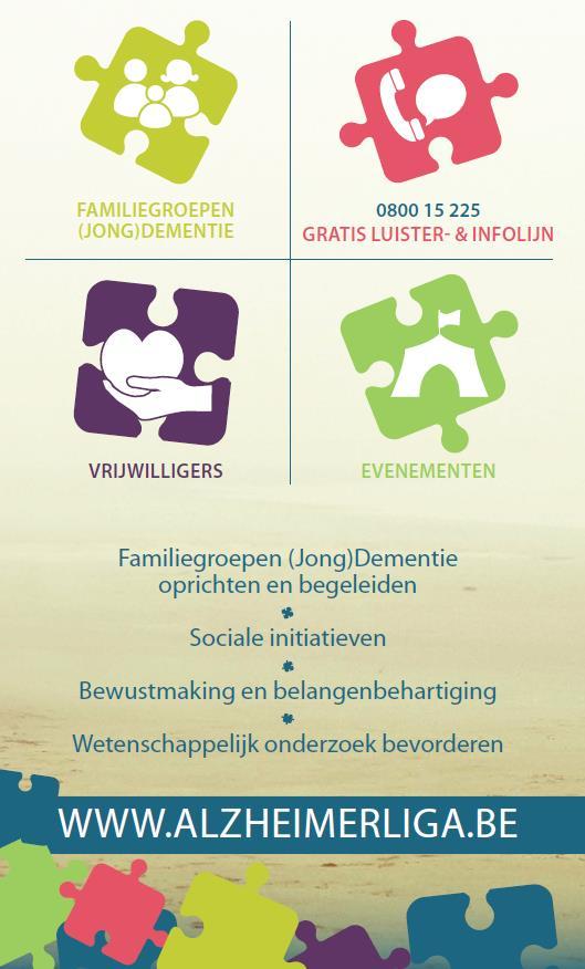 Doelstellingen Statutair heeft Alzheimer Liga Vlaanderen tot doel binnen de Vlaamse Gemeenschap: Familiegroepen (Jong)Dementie op te richten en te begeleiden waarin betrokkenen informatie, ervaringen