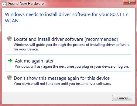 2. Als er een Hardware Wizard/Driver installatie scherm opent zoals hieronder afgebeeld, klik dan op "Cancel (annuleren)" of "Close (afsluiten)". 3.