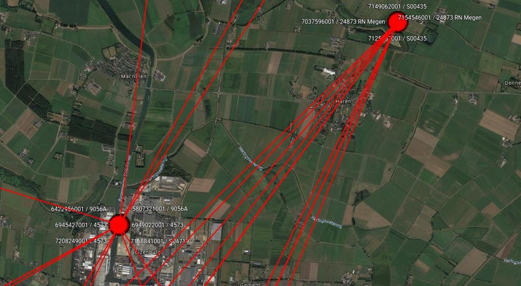 memonummer: 1 betreft: Straalpaden dataverkeer Afbeelding 1: straalpaden (rood) en turbines in aandachtszone (geel).