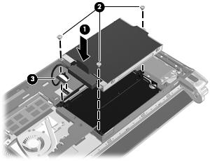 4. Pak het lipje op de kabelconnector van de vaste schijf (3) vast en druk de kabelconnector voorzichtig op de systeemkaart tot de connector vastklikt. 5.