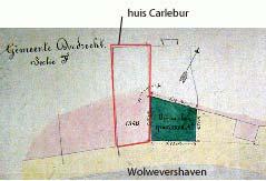 Afb. 7. Een tekening bij het aankoopdocument van het deel van de openbare weg door Carlebur in 1885. In groen is het aangekochte deel aangegeven.