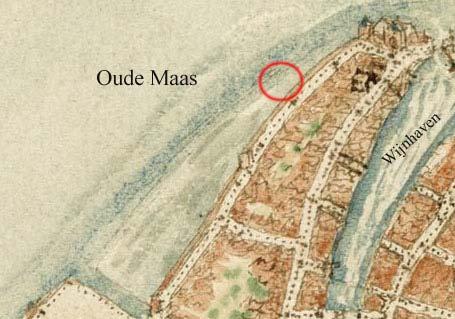 Afb. 3. De ligging van het plangebied (rode cirkel) is bij benadering weergegeven op een uitsnede van een kaart van Jacob van Deventer, waarop de situatie rond 1550 is weergegeven.