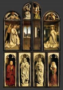 Het Lam Gods: Het gesloten drieluik (3) Het altaarstuk is gesloten. Op de bovenste vier panelen kondigen profeten en sibillen de komst en de wederkomst van Christus aan.