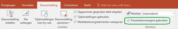 Schakel op het tabblad Diavoorstelling op het lint het selectievakje Weergave voor presentator gebruiken uit.