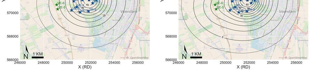 Figuur 3-3 Prognose van de bodemdaling (in cm) voor 2023 (links) en 2036 (rechts) gebaseerd op productiescenario 2 Figuur 3-4 Prognose van de bodemdaling (in cm) voor 2023 (links) en 2033 (rechts)