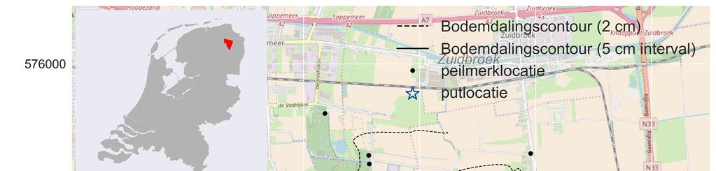 Figuur 1-1 Cumulatieve waargenomen bodemdaling (in cm) op peilmerklocaties in april 2016 (kubische interpolatie).