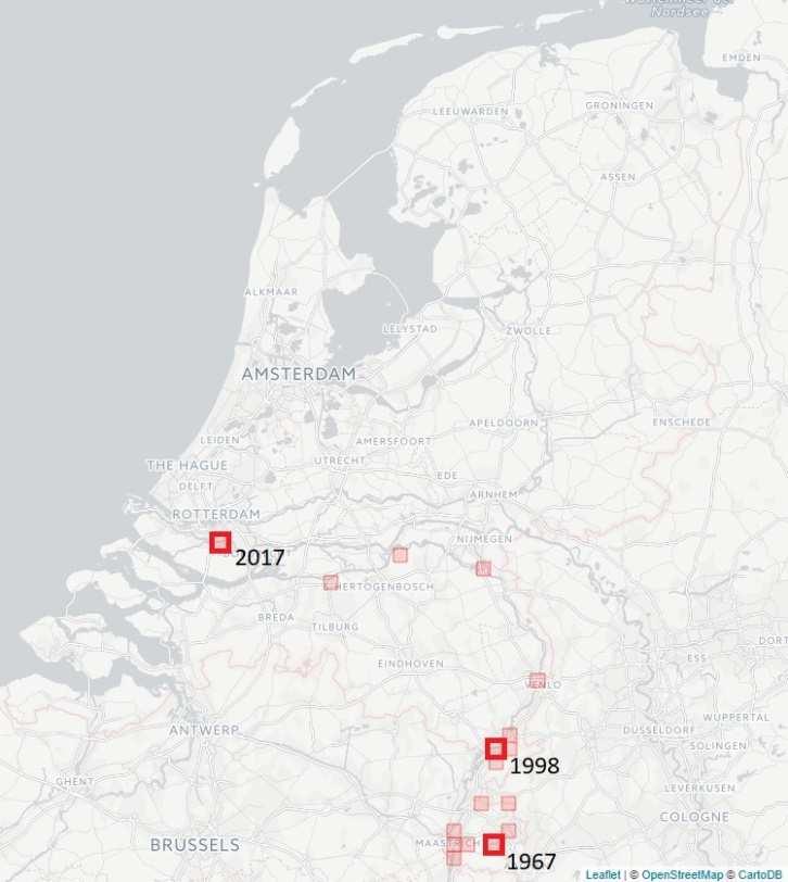 Maas in midden Limburg. Uit die provincie zijn uit de twintigste eeuw enkele vindplaatsen bekend, die zowel langs de Maas als in het heuvelland liggen.
