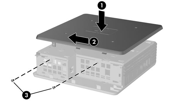 2. Plaats de drie schroeven en draai deze vast. Afbeelding 2-7 Metalen zijpaneel terugplaatsen U plaatst het toegangspaneel als volgt terug: 1.