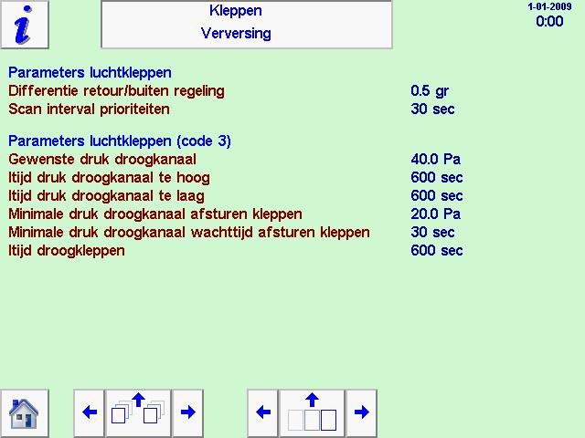 De verschilde parameters van de kleppen zijn in te stellen op deze pagina. Differentie voor het omschakelen van de droger van buiten- naar binnenlucht.