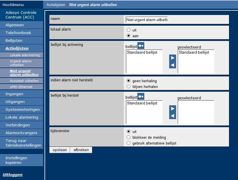 Actielijst niet urgent alarm uitbellen meldt het alarm 1 keer en herhaal niet. Ook is een herstel melding niet noodzakelijk.