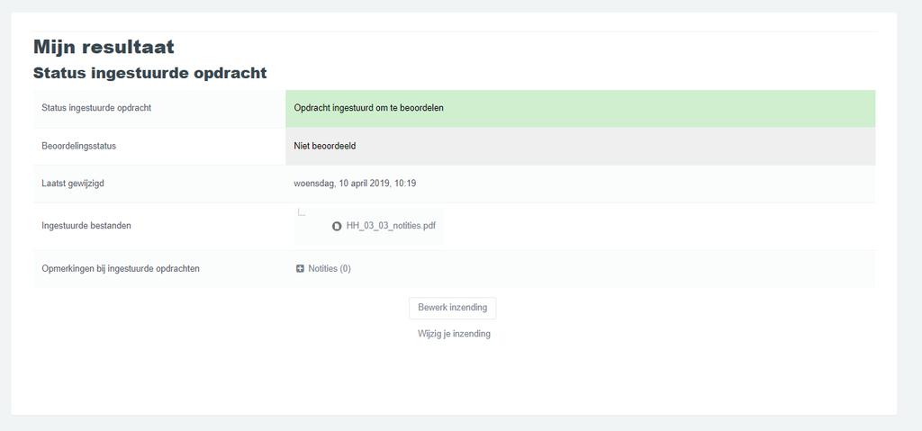 Mijn resultaat Het is mogelijk om een opmerking te plaatsen bij de inzending.