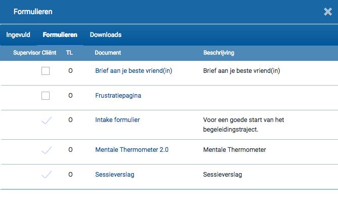 cliënt plaatst (hier zijn alleen het Intakeformulier, de Mentale Thermometer en Sessieverslag voor de cliënt zichtbaar.