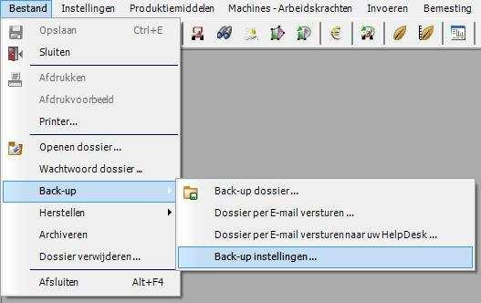 Belangrijk is dat de backup apart van de PC wordt opgeslagen. 2. Open uw Isagri toepassing. Klik op menu Bestand / Backup / Backup instellingen.