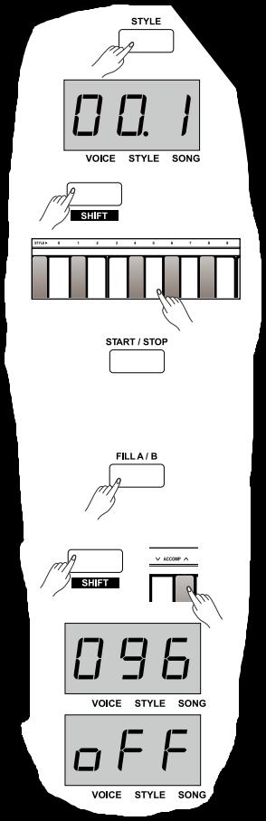 AUTOMATISCHE BEGELEIDING Het instrument biedt een varieteit aan piano Styles. Raadpleeg de Style List voor meer informatie. Selecteer een Style 1.