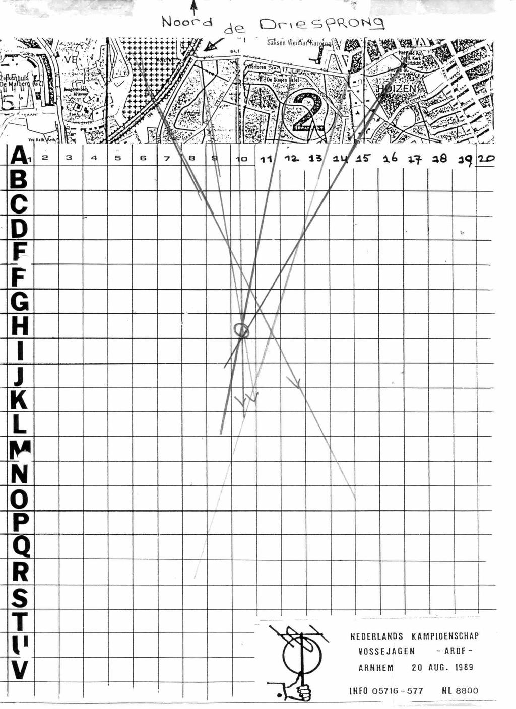 Voor de peilingen op het tweede baken was een zelfde kaart beschikbaar. [4] NK 1989 te Arnhem. Kaart voor het peilen van het baken.