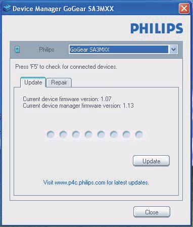 8 De firmware Philips Device Manager» Wanneer het apparaat is verbonden, wordt in het tekstvak "SA4MINXX" weergegeven.» van het apparaat vinden.