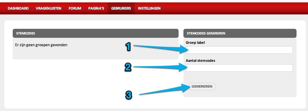 Stap 4: Stemcodes creeren Ga naar: GEBRUIKERS en klik op het submenu STEMCODES Geef een stemcodegroepmaam (1) op, het aantal