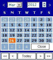 Datumveld: door één keer op een datum in de kalender te klikken verschijnt de datum in het veld. Verwijderen kan door dubbelklikken op het datumveld en de kalender te sluiten.