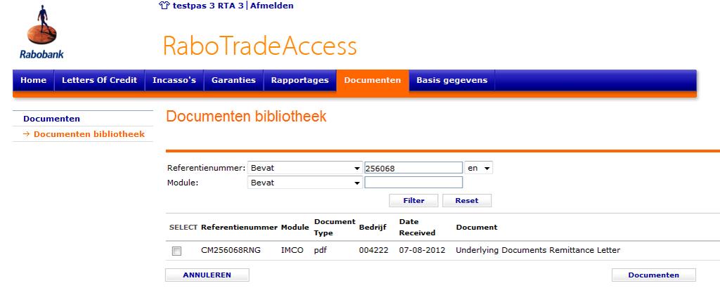 10.2 Inzien swiftberichten onder Import LC s Via de documentenbibliotheek zijn ook de swiftberichten te zien die verzonden zijn bij het openen van een import LC (mt700) en bij het wijzigen van een