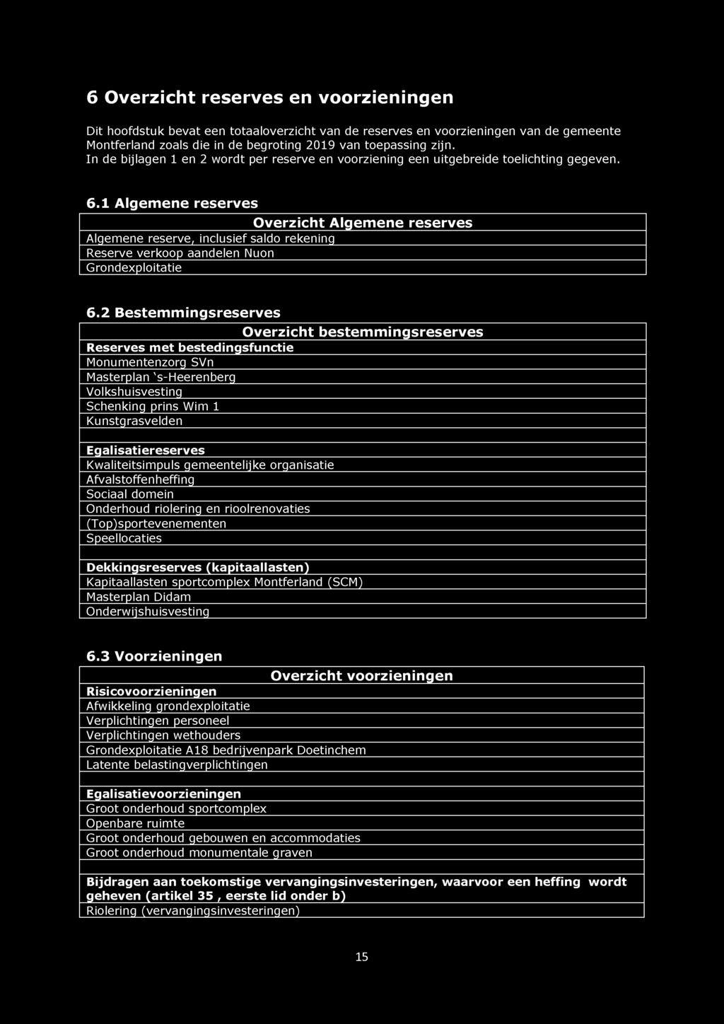 1 Algemene reserves Overzicht Algemene reserves Algemene reserve, inclusief saldo rekening Reserve verkoop aandelen Nuon Grondexploitatie 6.