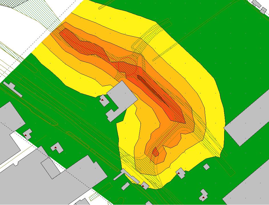 4. Akoestisch onderzoek 13 4.1. Rekenresultaten en beoordeling nieuwe situatie Scenario 1 Ten gevolge van het verkeer op de nieuwe weg zijn de geluidscontouren bepaald, zie figuur 4.1. Dit scenario is gebaseerd op het gemeentelijk verkeersmodel.