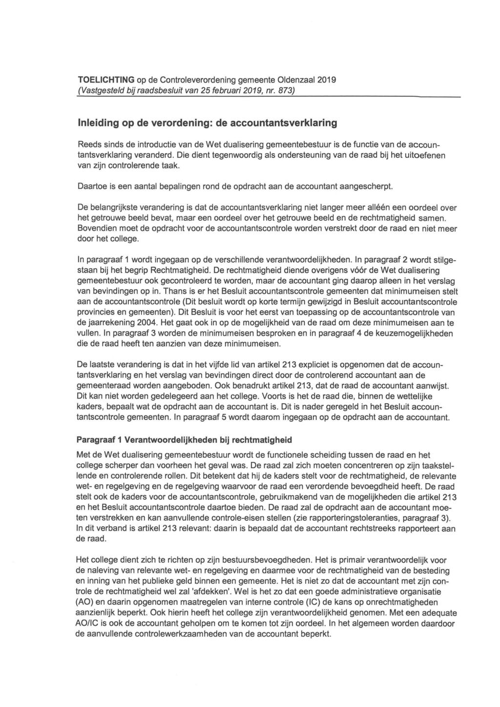 TOELICHTING op de Controleverordening gemeente Oldenzaal 2019 (Vastgesteld bij raadsbesluit van 25 februari 2019, nr.