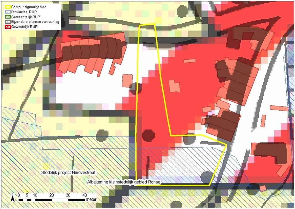 Figuur: situering signaalgebied op gewestplan met aanduiding van goedgekeurde BPA s en RUP s en weergave van de bebouwingstoestand volgens het Grootschalig Referentiebestand GRB.