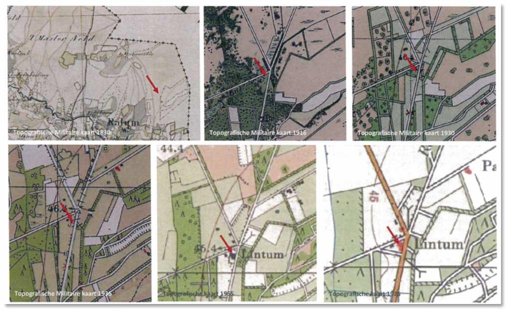 Uitsnede uit historische topografische kaarten (1830-1930). Het plangebied wordt met de pijl aangeduid. 5.