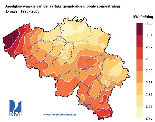 De invloed van de stralingsintensiteit De jaarlijkse intensiteit van de straling van de zon schommelt in België afhankelijk van de plaats.