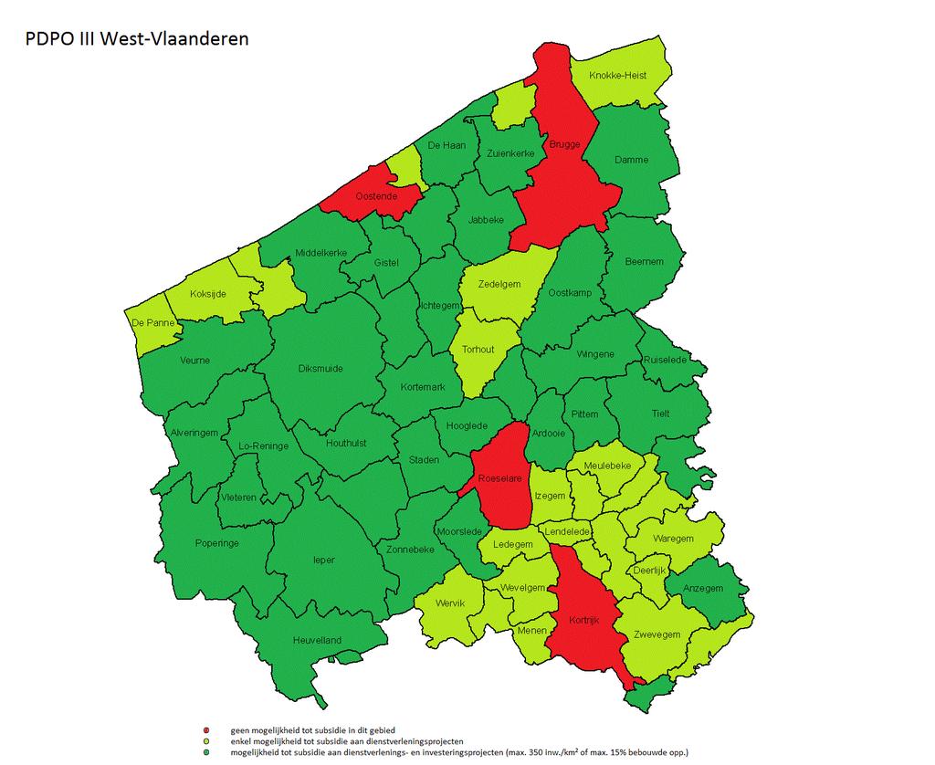 Het plattelandsgebied bestaat uit de donkergroene gemeenten. Het plattelandsgebied met verstedelijkingsdruk zijn de lichtgroene gemeenten op de kaart. Provinciedekkende projecten zijn niet mogelijk.